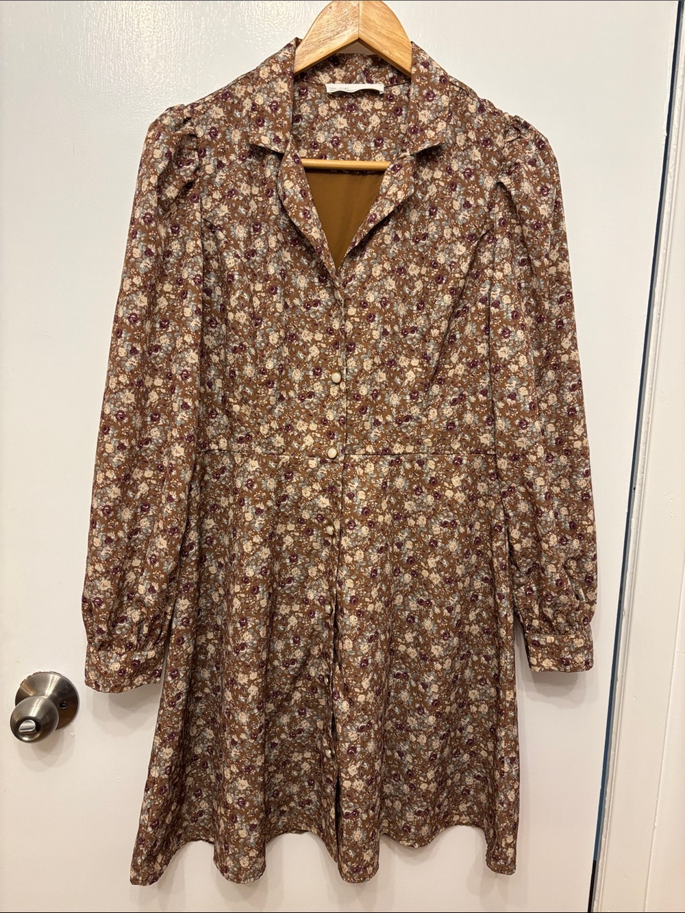OAK + FORT Brown Floral Long Sleeve Collared Dress